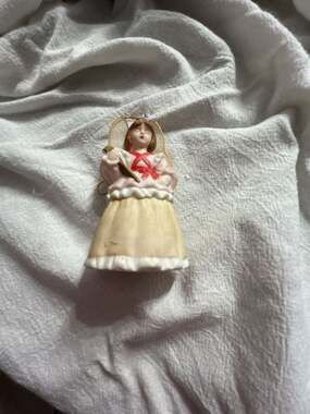 Vintage Porcelain Girl Figurine Christmas Ornament with Fabric Wings